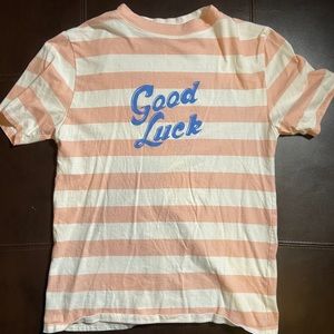 “good luck” pink and white striped t-shirt